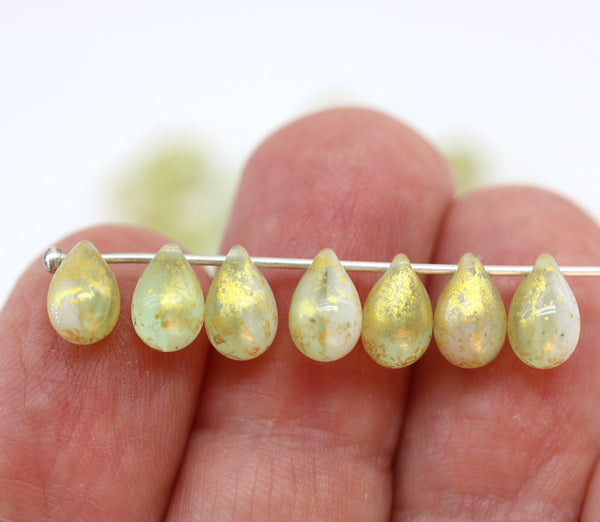 6x9mm White green teardrop czech glass beads, golden wash