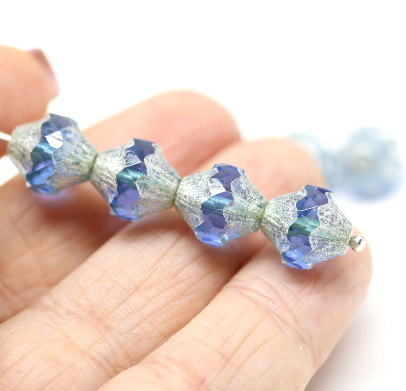 11x10mm Sapphire blue Baroque czech glass ire polished large bicones - 4pc