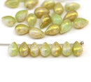 6x9mm White green teardrop czech glass beads, golden wash