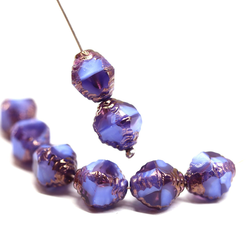 10x8mm Blue purple czech glass fire polished beads, copper edge, 8Pc