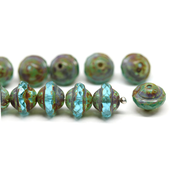 8x10mm Blue saucer czech glass beads picasso, UFO shape bicone - 6pc