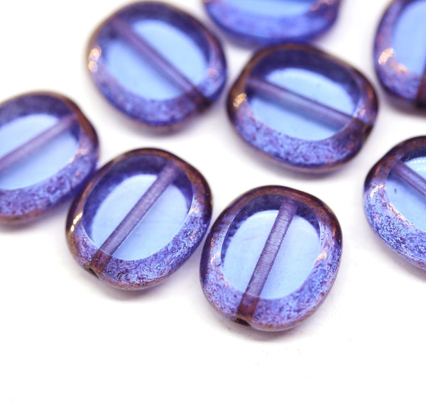14x12mm Blue oval beads czech glass, purple luster, 4Pc