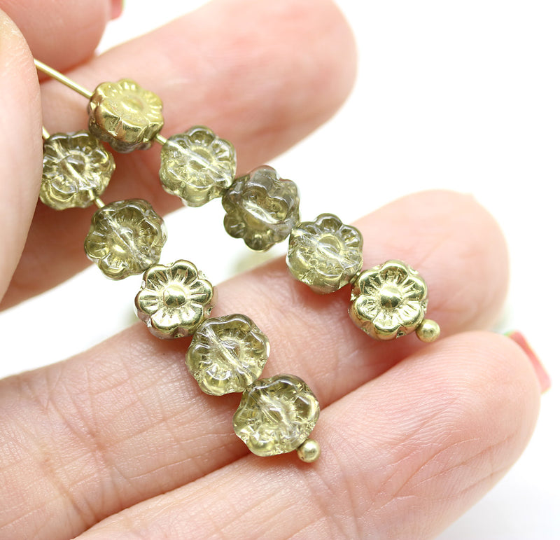 6mm Golden daisy flower czech glass beads, 30pc