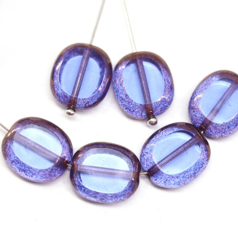 14x12mm Blue oval beads czech glass, purple luster, 4Pc