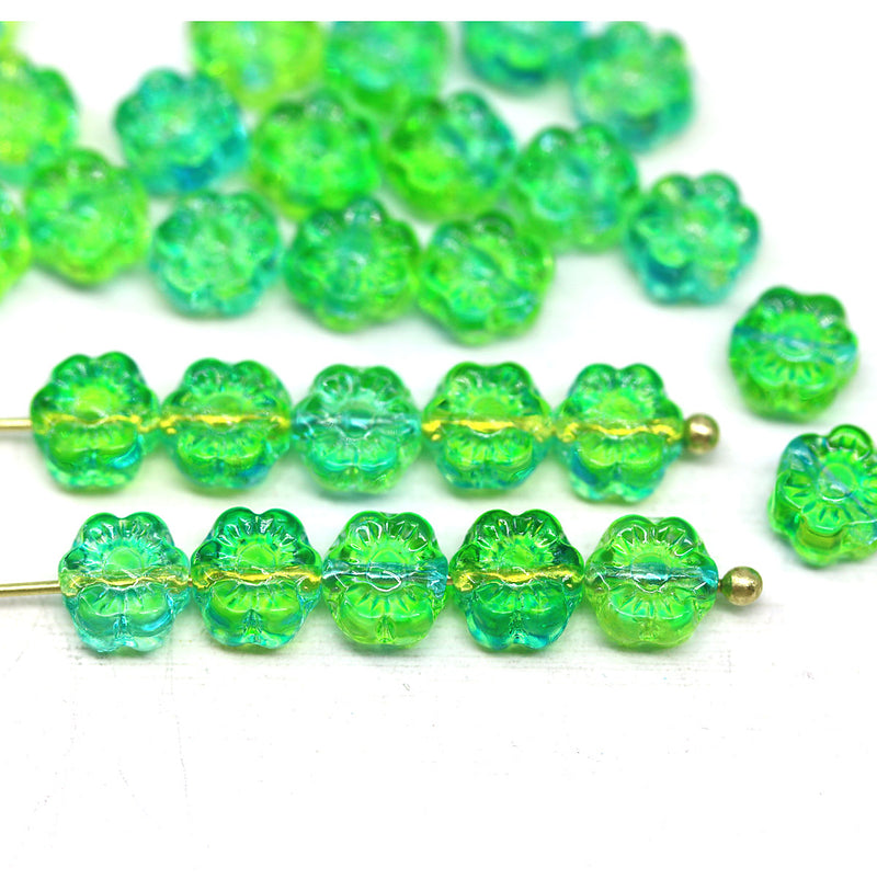 6mm Green blue daisy flower czech glass beads, 30pc