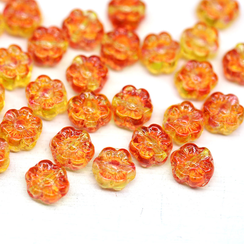 6mm Orange yellow daisy flower czech glass beads, 30pc