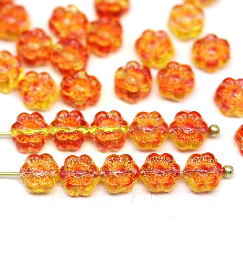6mm Orange yellow daisy flower czech glass beads, 30pc