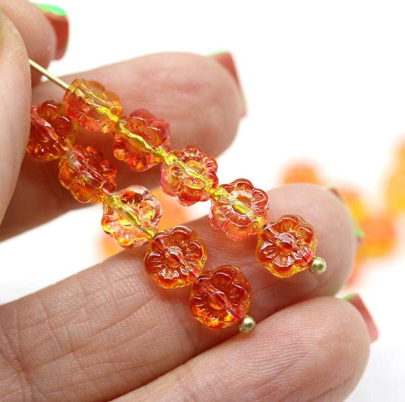6mm Orange yellow daisy flower czech glass beads, 30pc