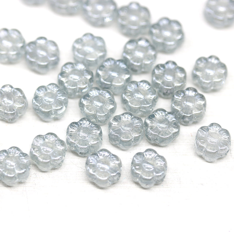 6mm Light grey daisy flower czech glass beads, 30pc