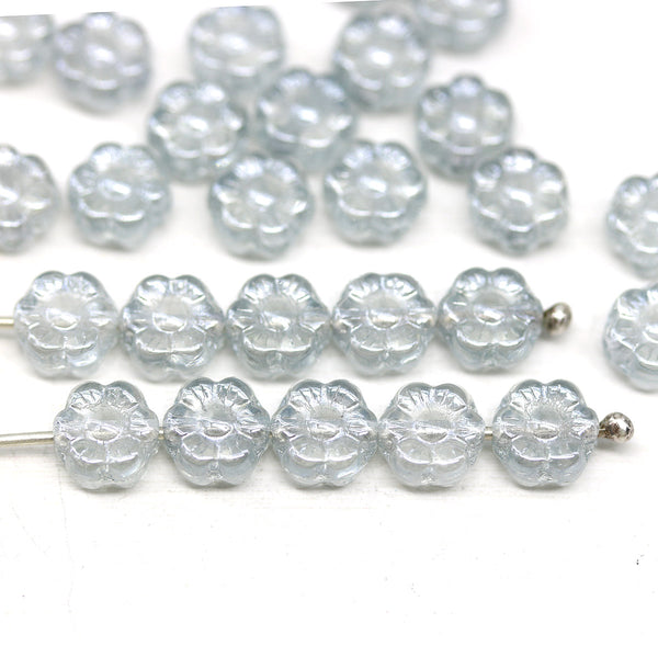 6mm Light grey daisy flower czech glass beads, 30pc