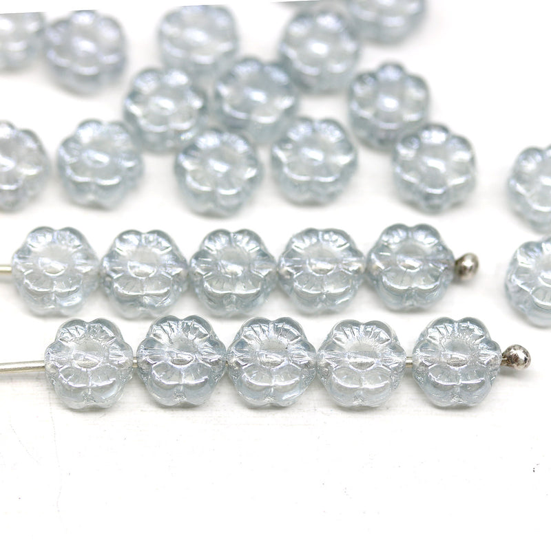 6mm Light grey daisy flower czech glass beads, 30pc