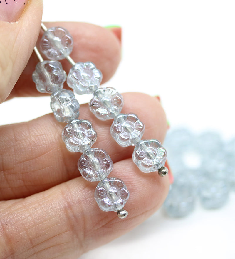 6mm Light grey daisy flower czech glass beads, 30pc