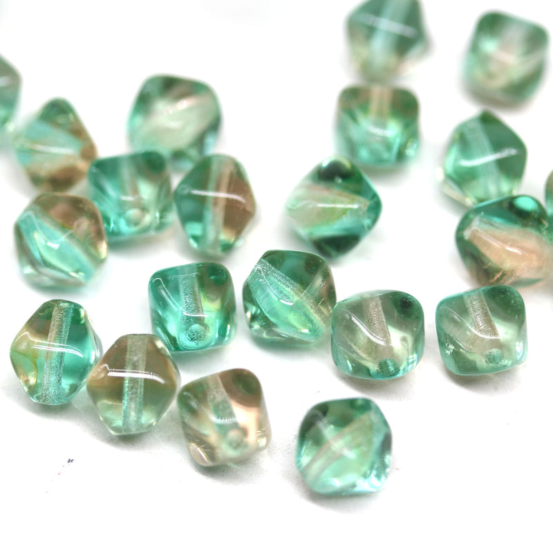 6mm Green peach bicone czech glass pressed beads, 30Pc