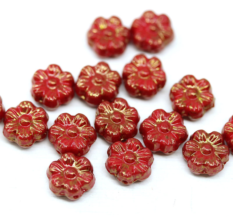 8mm Red daisy flower czech glass beads, goldish luster, 15pc