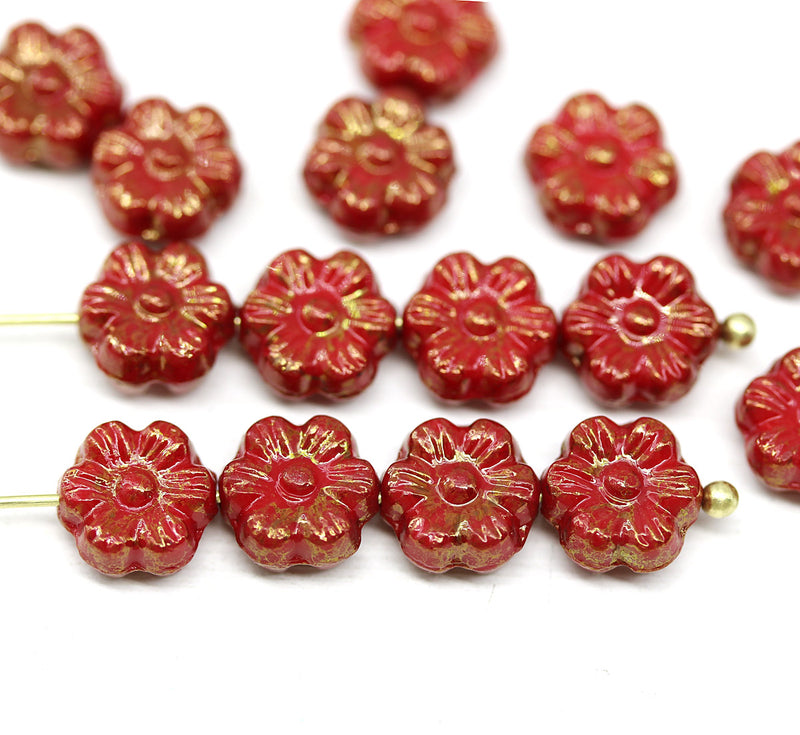 8mm Red daisy flower czech glass beads, goldish luster, 15pc