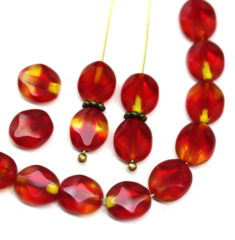 9x8mm Mixed red yellow flat oval wavy czech glass beads, 15Pc