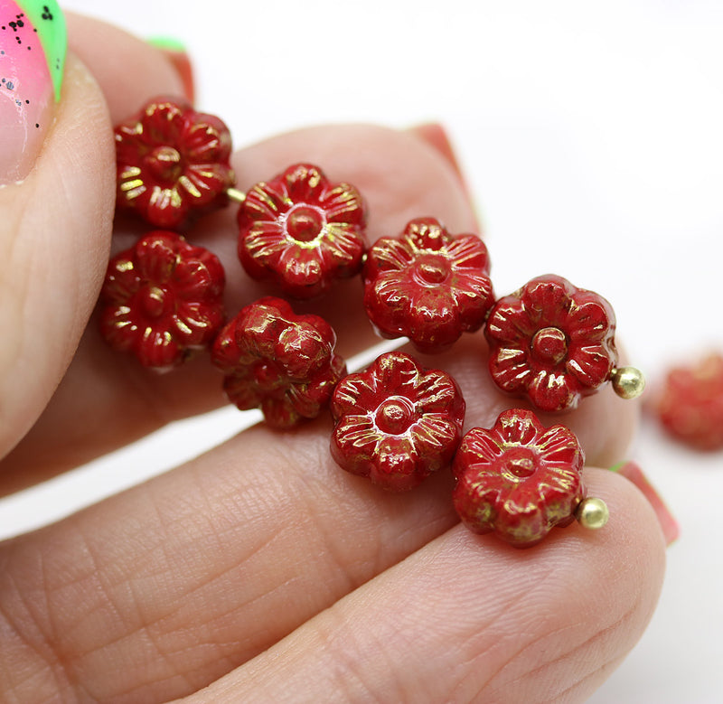 8mm Red daisy flower czech glass beads, goldish luster, 15pc