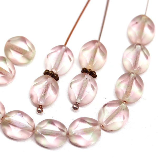 9x8mm Light pink green flat oval wavy czech glass beads, 15Pc