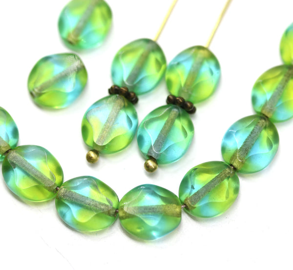 9x8mm Blue green flat oval wavy czech glass beads, 15Pc