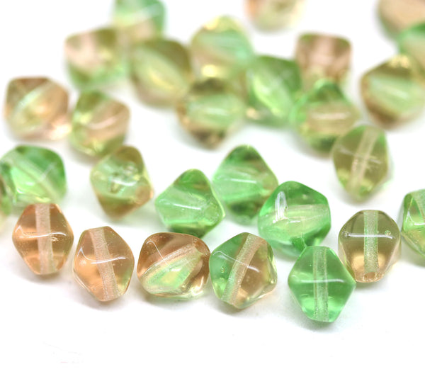 6mm Grass green peach bicone czech glass pressed beads, 30Pc