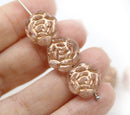 Large Rose Flower Czech Glass Beads, Copper Inlays 6pc