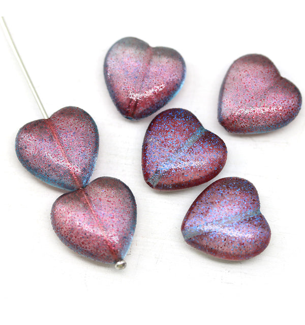16x15mm Dark pink heart Czech glass pressed beads, 6pc