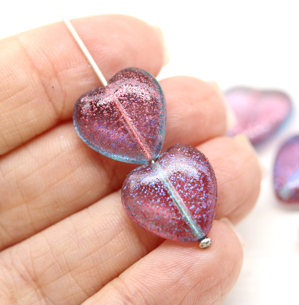 16x15mm Dark pink heart Czech glass pressed beads, 6pc