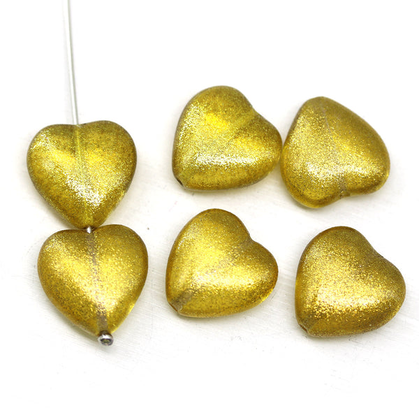 16x15mm Yellow heart Czech glass pressed beads, Gold wash, 6pc