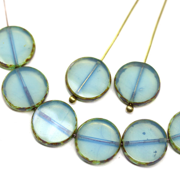 12mm Opal blue coin czech glass fire polished beads, 8Pc