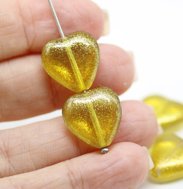 16x15mm Yellow heart Czech glass pressed beads, Gold wash, 6pc