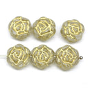 Large Rose Flower Czech Glass Beads, Gold Inlays 6pc