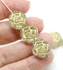 Large Rose Flower Czech Glass Beads, Gold Inlays 6pc
