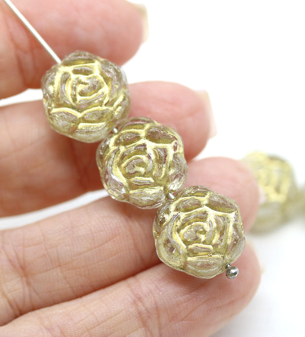 Large Rose Flower Czech Glass Beads, Gold Inlays 6pc