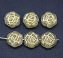 Large Rose Flower Czech Glass Beads, Gold Inlays 6pc