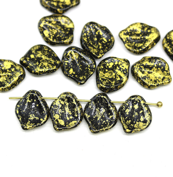 12x14mm Large black leaf beads, gold wash 15pc