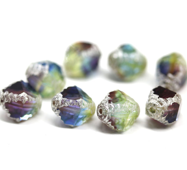 10x8mm Blue purple czech glass fire polished beads silver finish, 8Pc