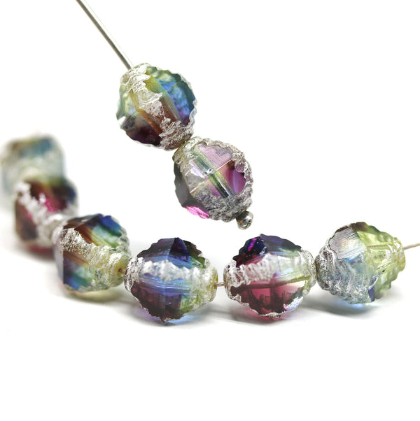 10x8mm Blue purple czech glass fire polished beads silver finish, 8Pc