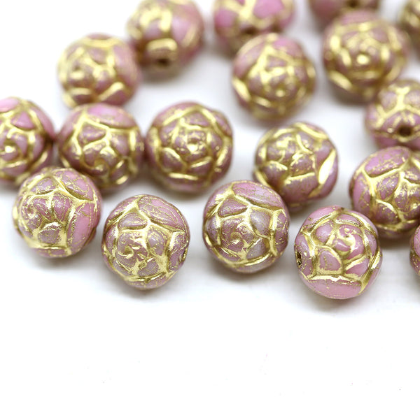 7mm Rose Bud Czech Glass Beads Pink Gold 20pc