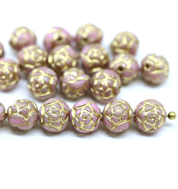7mm Rose Bud Czech Glass Beads Pink Gold 20pc