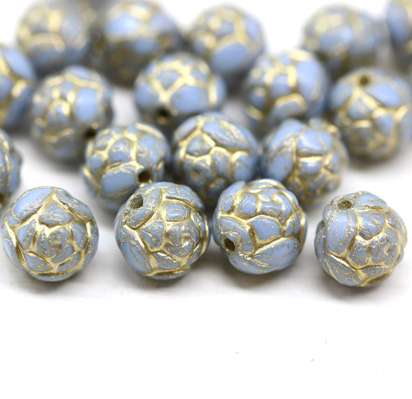 7mm Light Blue Rose Bud Czech Glass Beads Golden inlays 20pc