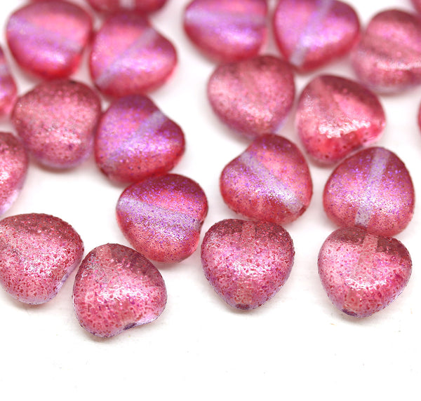 8mm Pink heart Czech glass pressed beads, 30pc