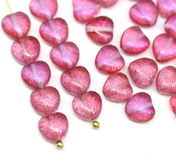 8mm Pink heart Czech glass pressed beads, 30pc