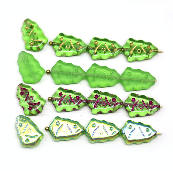 Green Christmas tree beads Czech glass 8pc