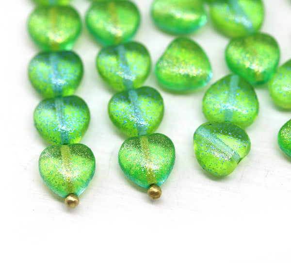 8mm Green heart Czech glass pressed beads