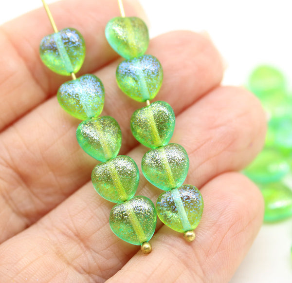 8mm Green heart Czech glass pressed beads