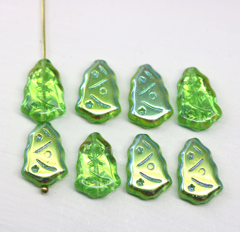 Green Christmas tree beads Czech glass 8pc