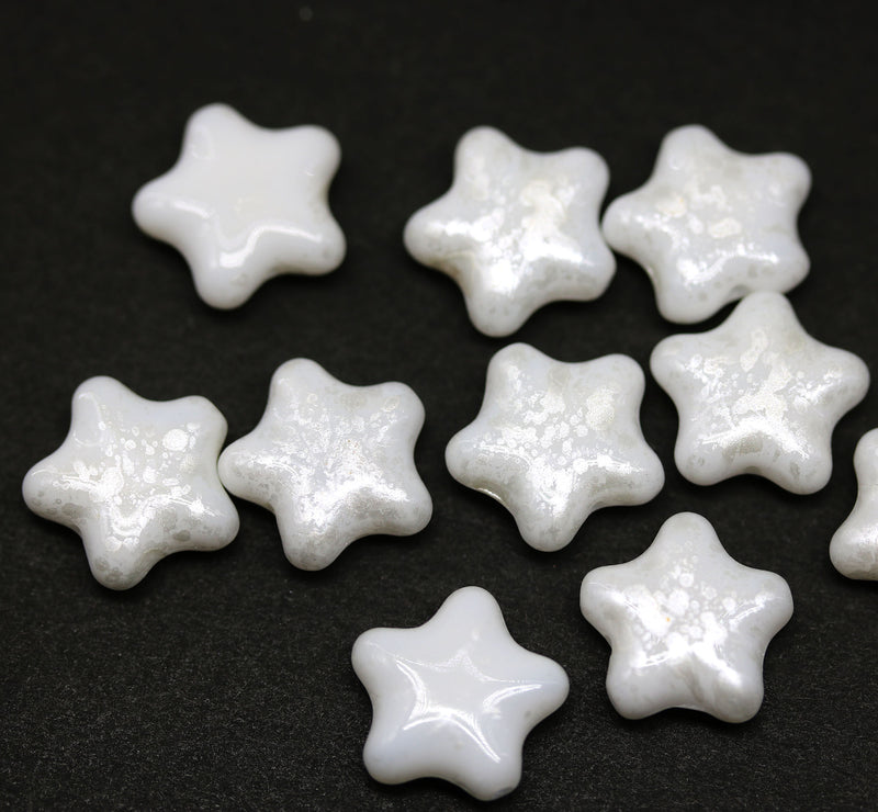 12mm White czech glass star beads, silver wash, 10pc