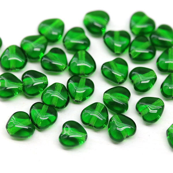 6mm Dark emerald green heart Czech glass beads, 30pc