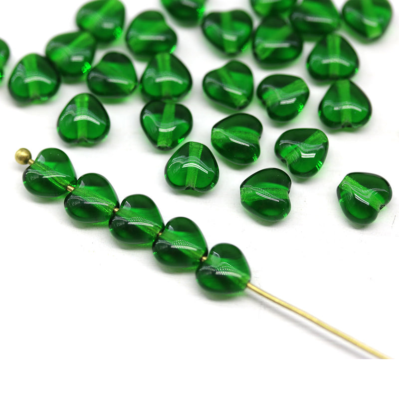 6mm Dark emerald green heart Czech glass beads, 30pc
