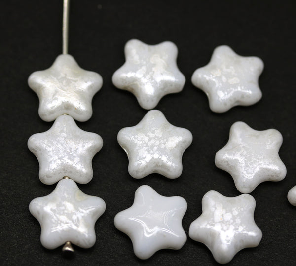 12mm White czech glass star beads, silver wash, 10pc
